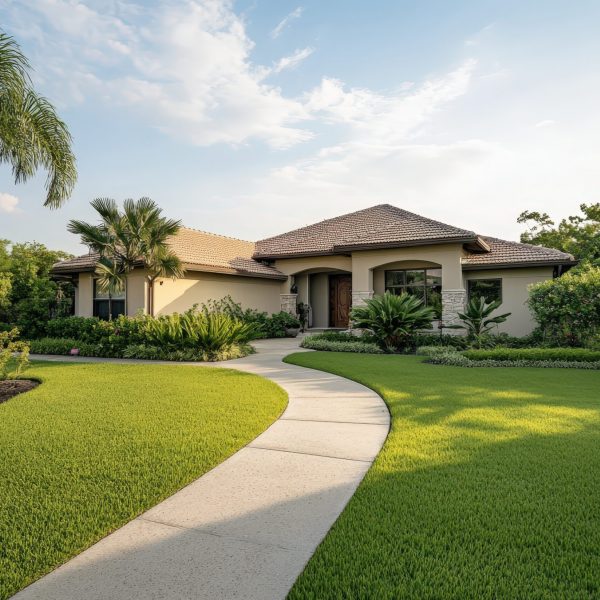 Winding pathway leading to beautiful new florida home with lush landscaping and palm trees