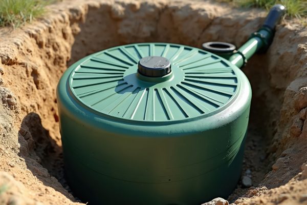 Green septic tank installed in ground. Underground sewage system in backyard. Plumbing, sanitation home service. Waste treatment, purification. Septic system maintenance, cleaning eco-friendly.