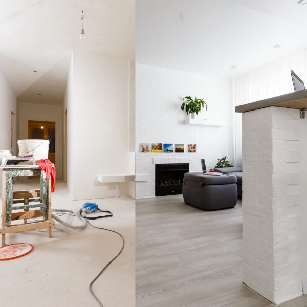 Renovation before and after - empty apartment room, new and old,